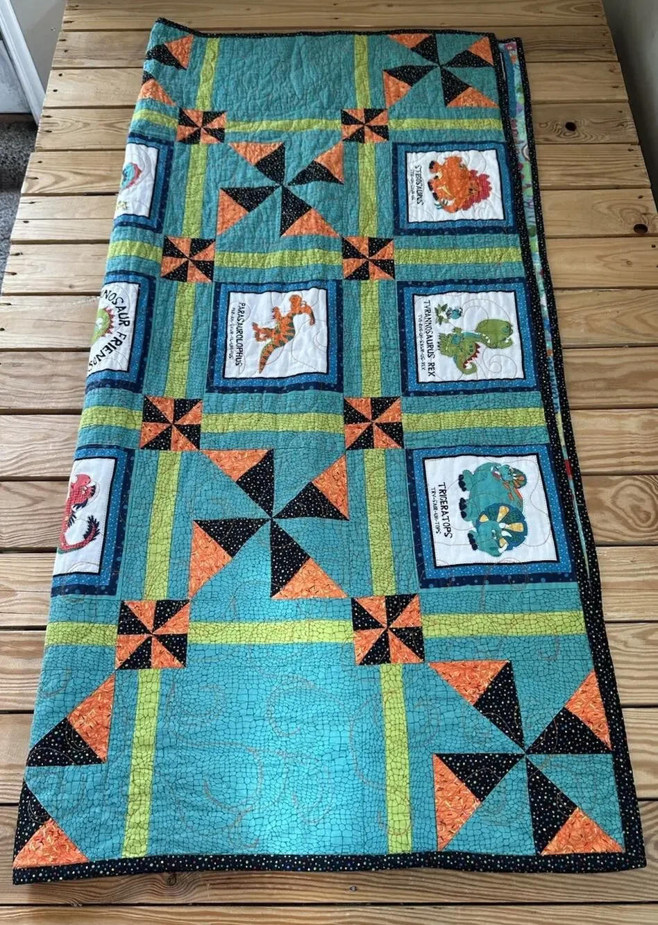 Handmade Patchwork Dinosaur quilt size 51x50 Green orange L2